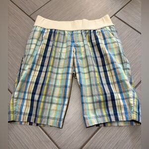 Target Women's Maternity Plaid Bermuda Shorts in Navy, Yellow, Cream, Blue